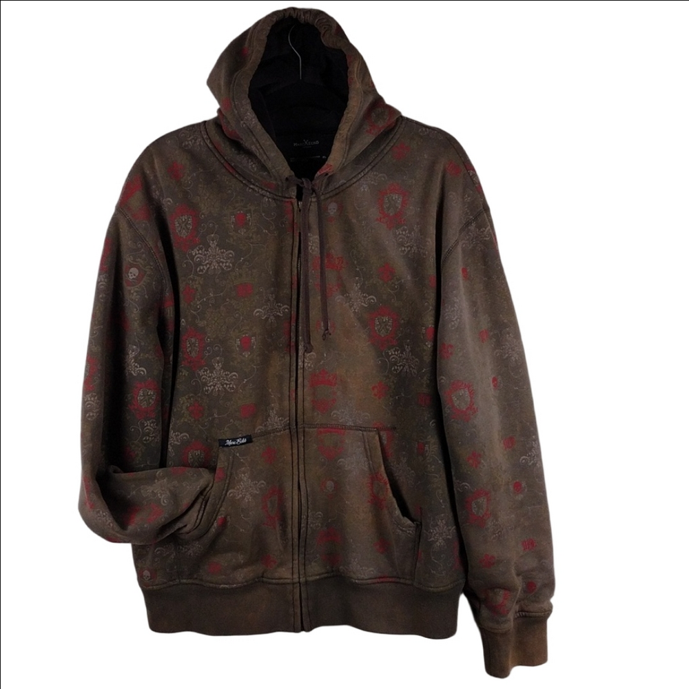 Marc Ecko Cut & Sew Y2K Brown Red Skull Graphic Long Sleeve Hoodie Jacket Coat